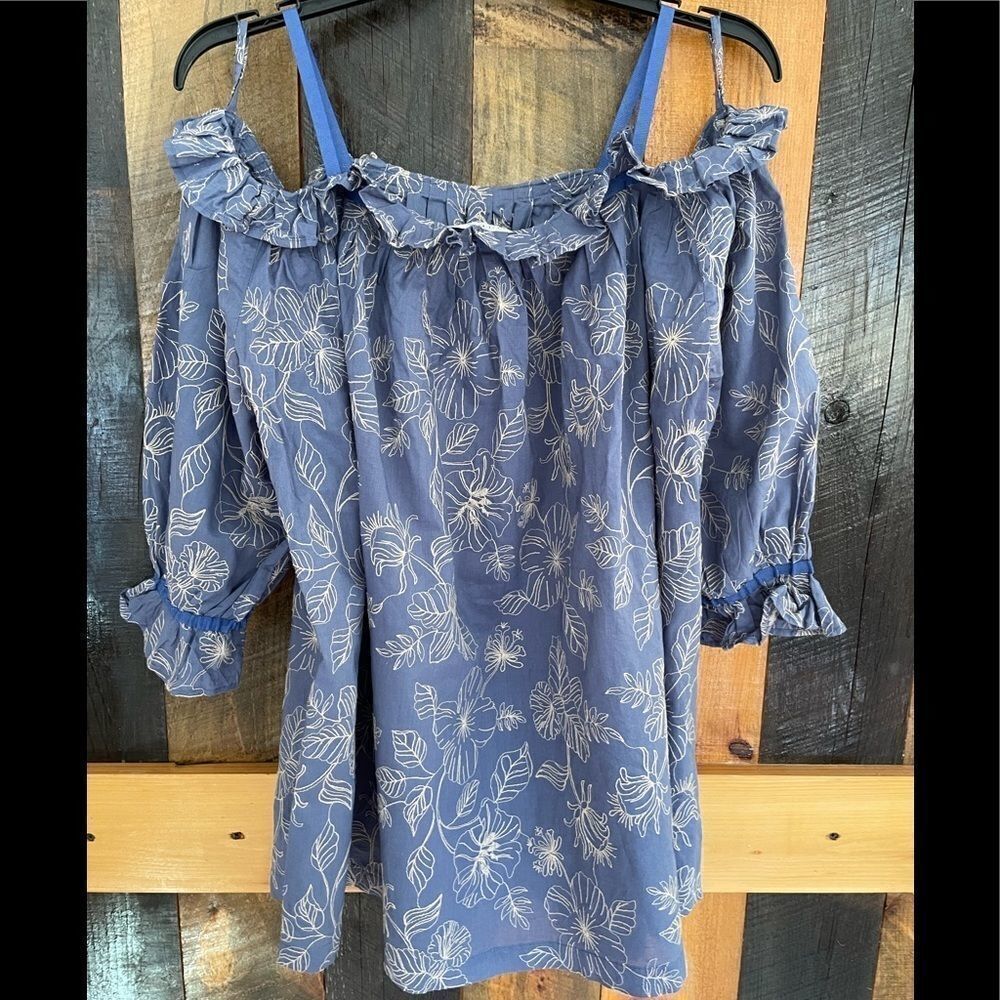 Cottonade  100% cotton off shoulder blue/cream embroidered top, size Eu 36